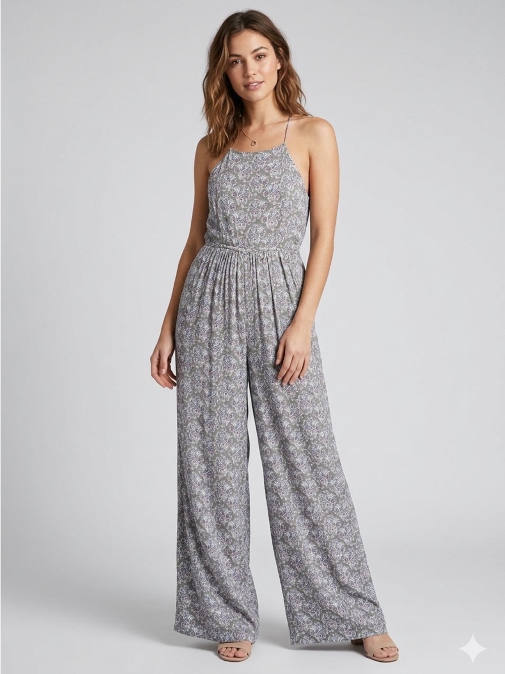 Forever 21 Paisley Halter Jumpsuit Wide Leg Boho Gray Pink L pockets